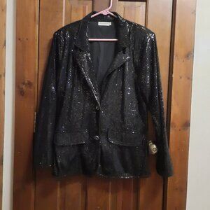 Black Sparkly Sequined Blazer Sweater Size L Silver Buttons
